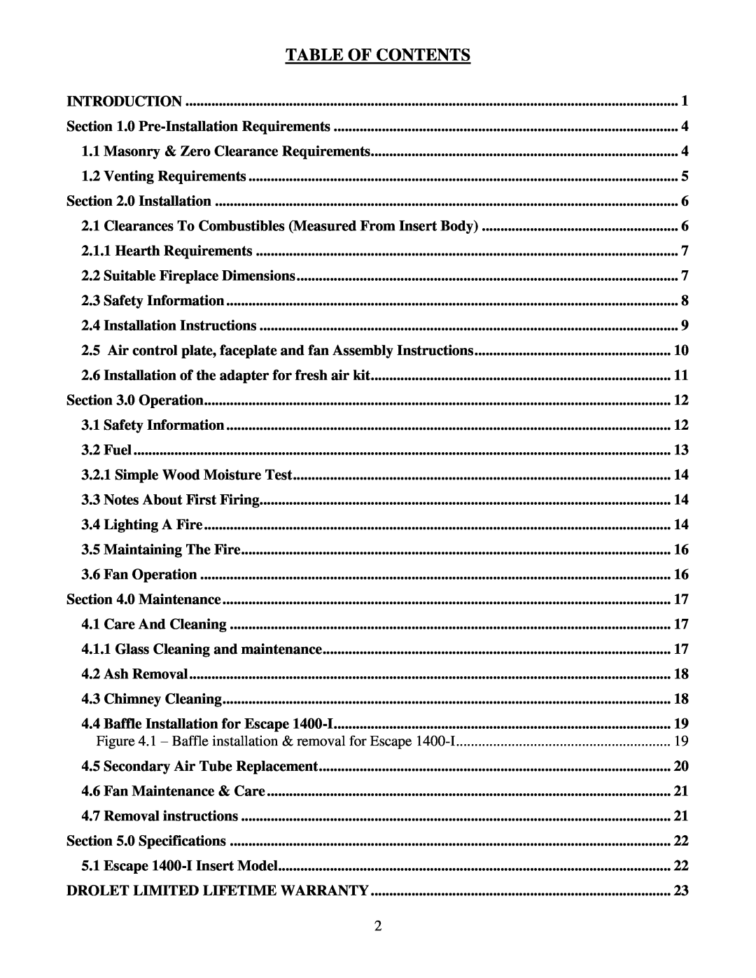Drolet 45221 owner manual Table Of Contents 