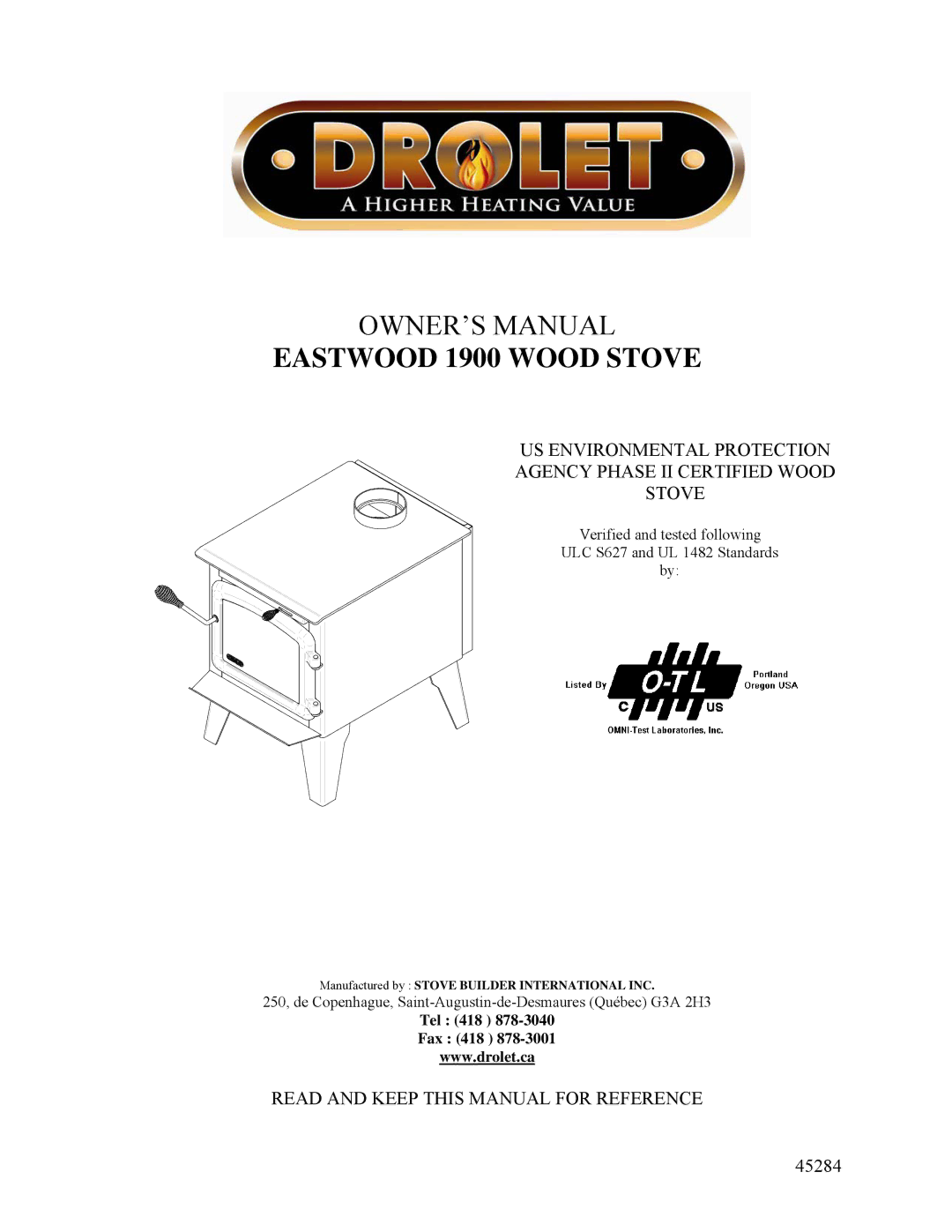 Drolet 45284 owner manual Eastwood 1900 Wood Stove 