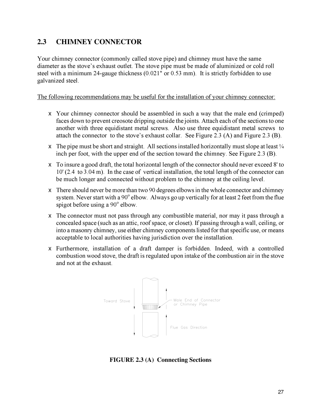 Drolet 45284 owner manual Chimney Connector, A Connecting Sections 