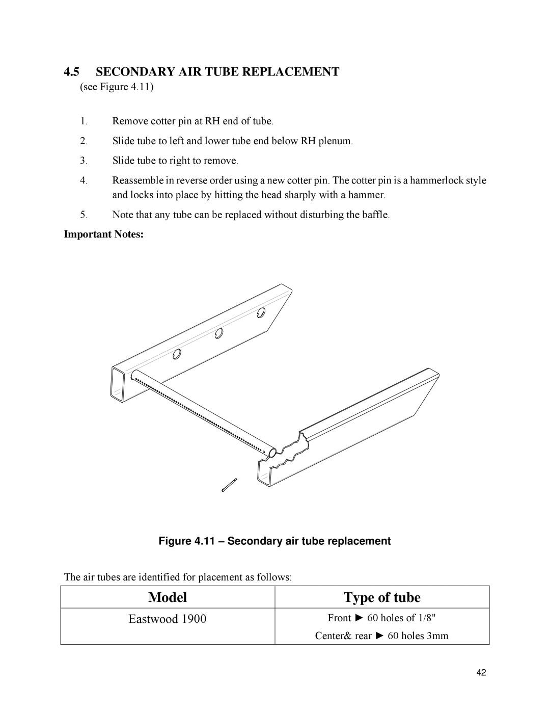 Drolet 45284 owner manual Secondary AIR Tube Replacement, Important Notes, Front 60 holes of 1/8 