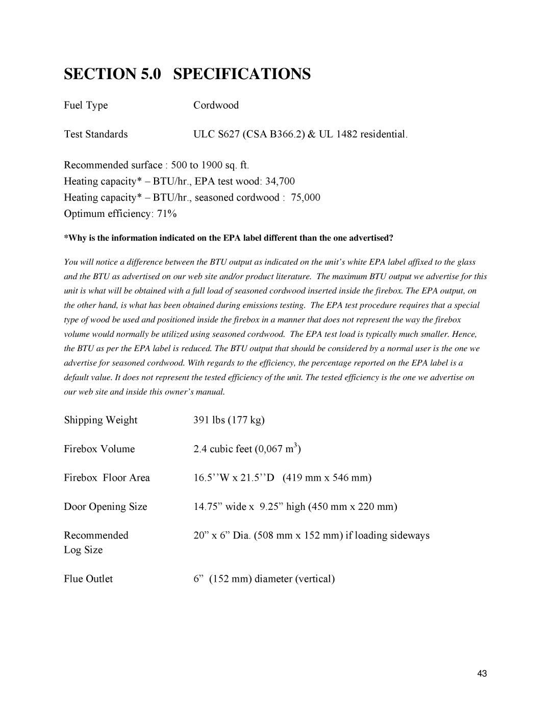 Drolet 45284 owner manual Section Specifications 