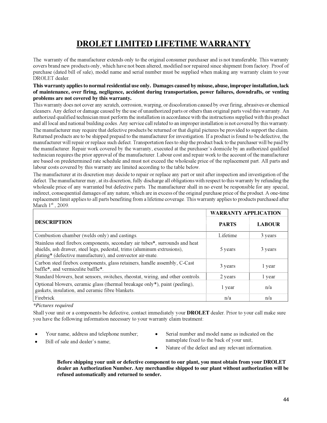 Drolet 45284 owner manual Drolet Limited Lifetime Warranty 