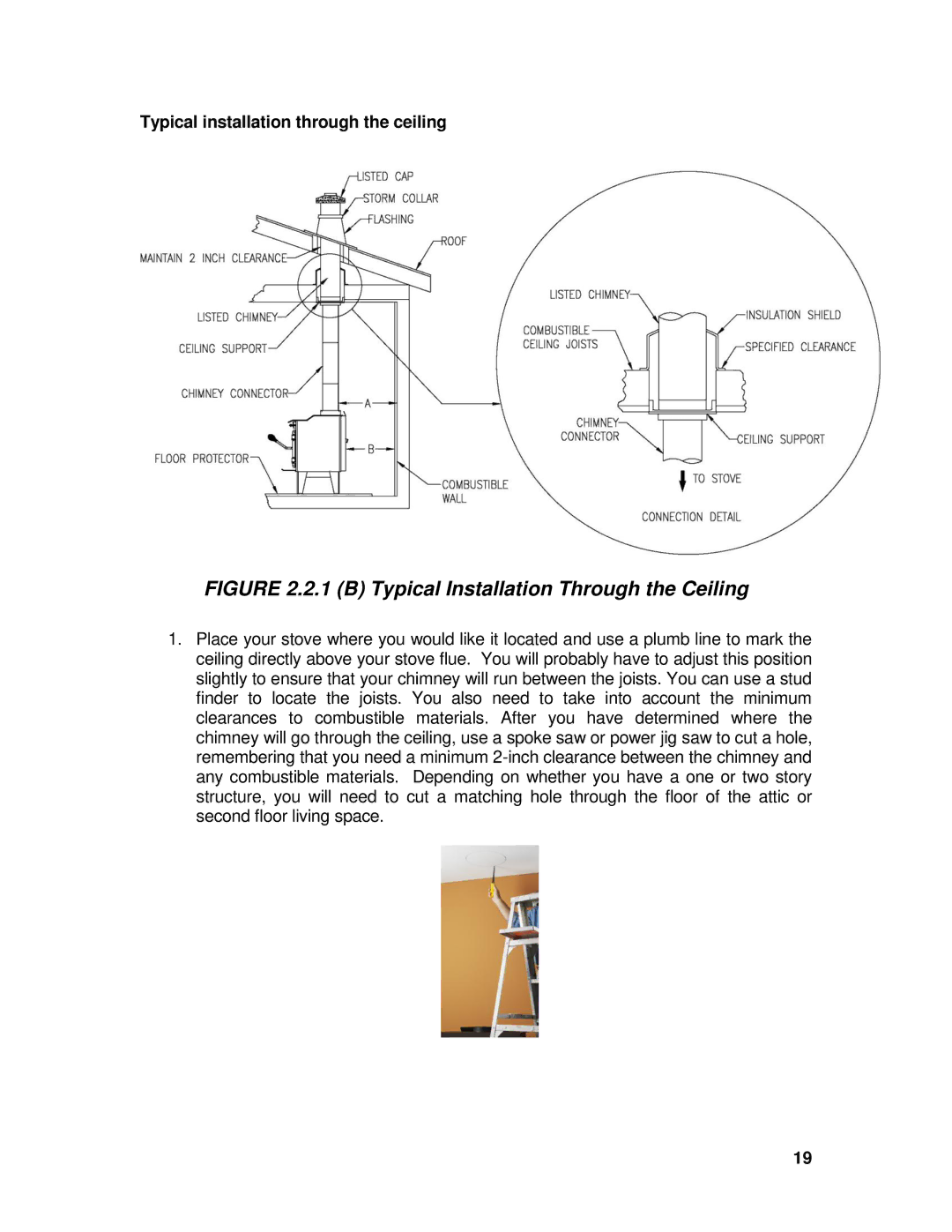 Drolet 45521A owner manual B Typical Installation Through the Ceiling, Typical installation through the ceiling 