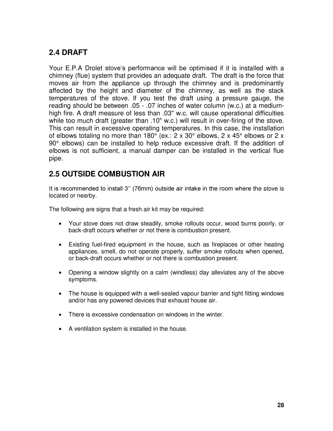 Drolet 45521A owner manual Draft, Outside Combustion AIR 