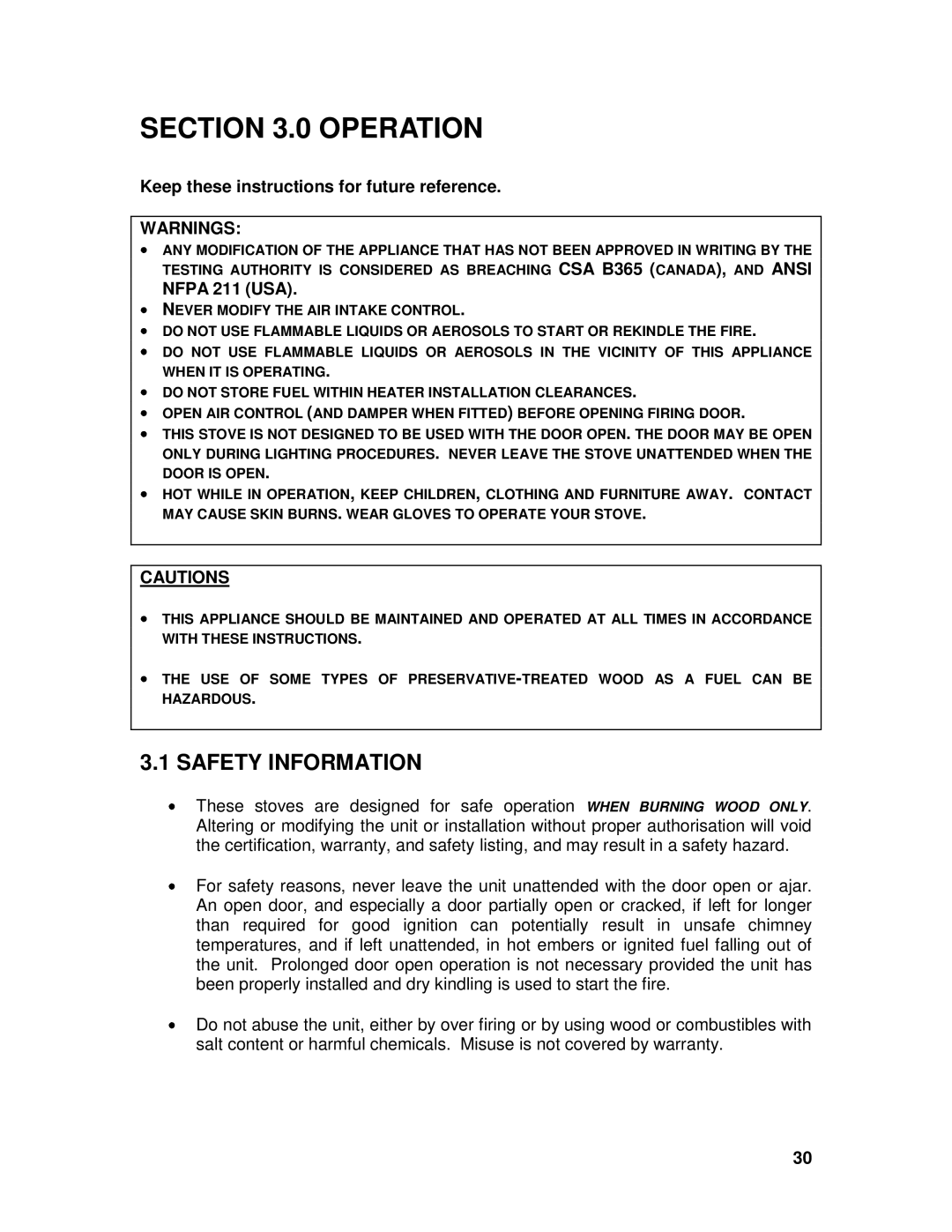 Drolet 45521A owner manual Operation, Safety Information, Keep these instructions for future reference, Nfpa 211 USA 