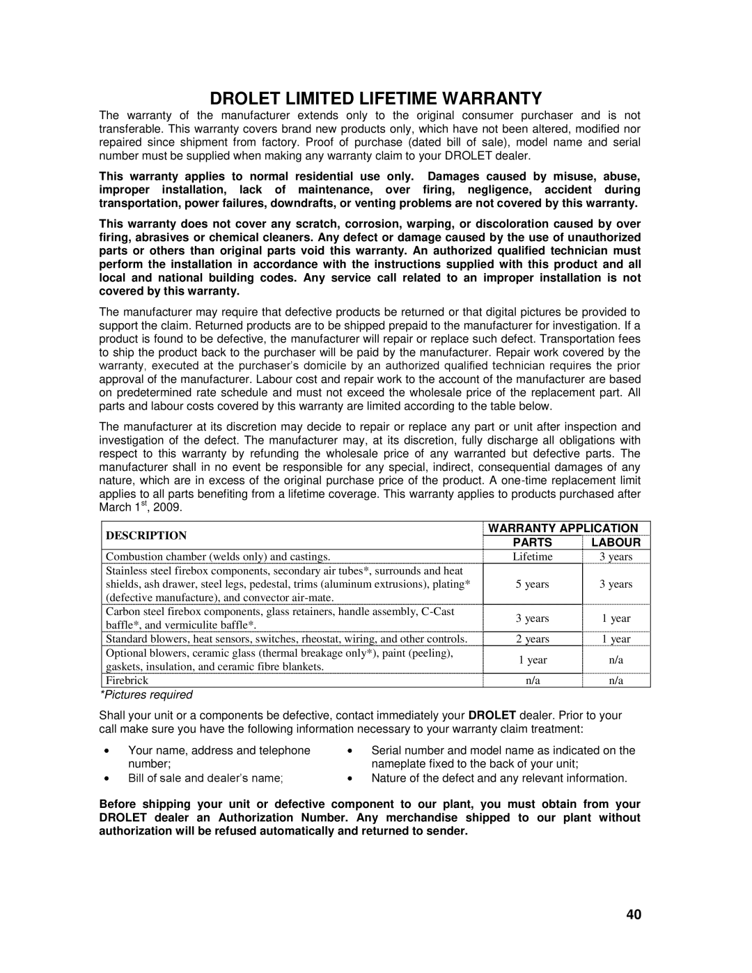 Drolet 45521A owner manual Drolet Limited Lifetime Warranty, Labour 