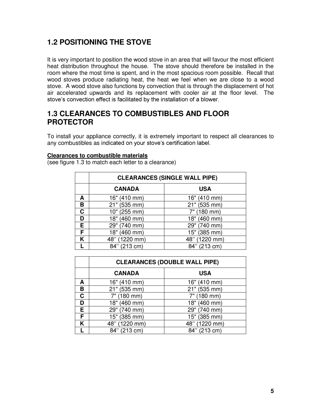 Drolet 45521A Positioning the Stove, Clearances to Combustibles and Floor Protector, Clearances to combustible materials 