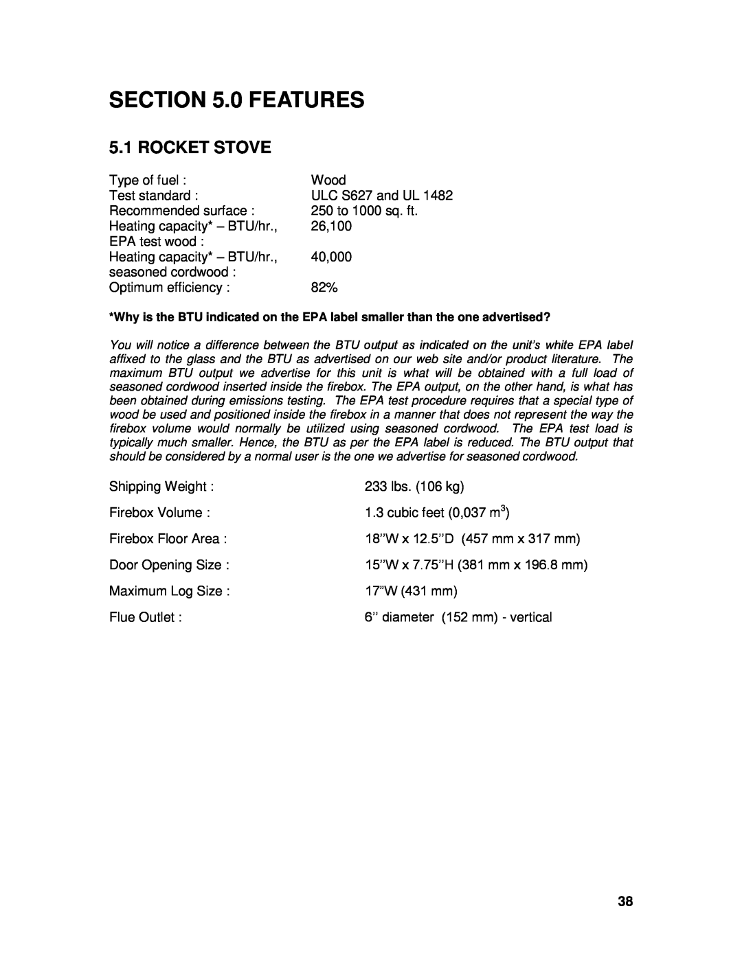 Drolet 45521A owner manual 0 FEATURES, Rocket Stove 
