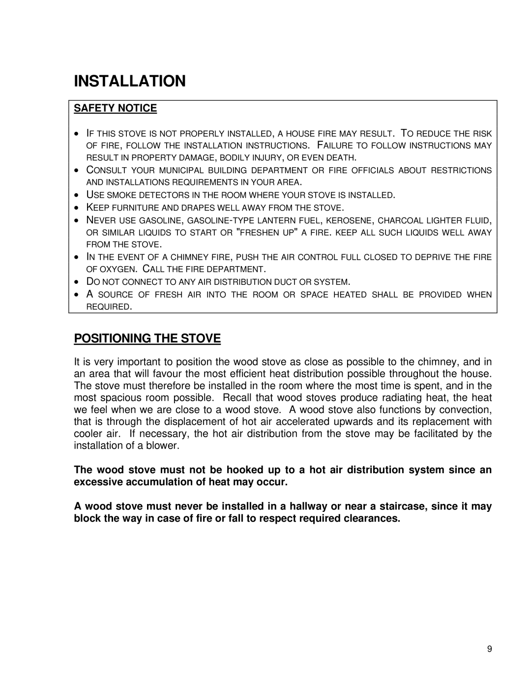 Drolet 58991 owner manual Installation, Positioning the Stove 