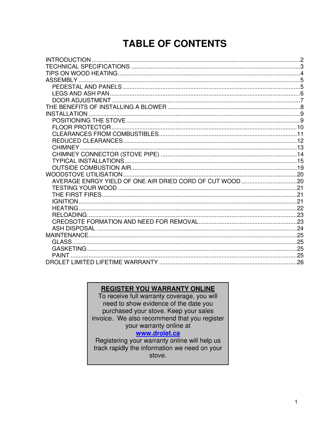 Drolet 58991 owner manual Table of Contents 