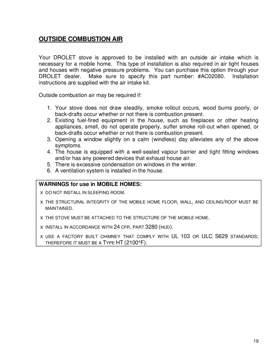 Drolet 58991 owner manual Outside Combustion AIR 