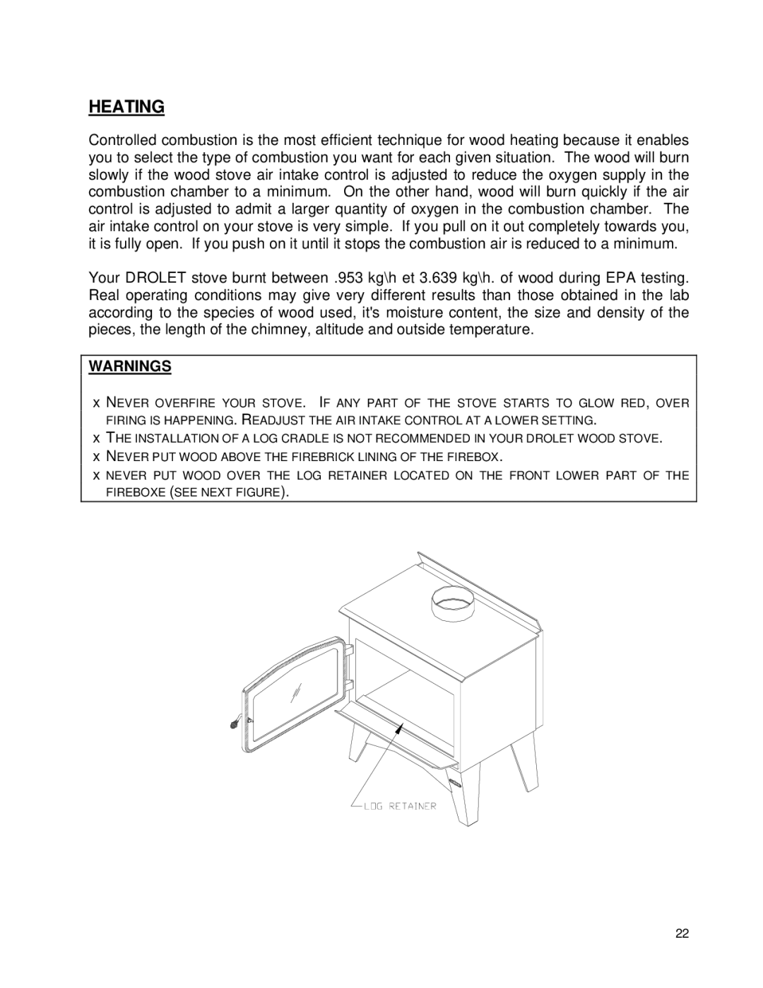 Drolet 58991 owner manual Heating 