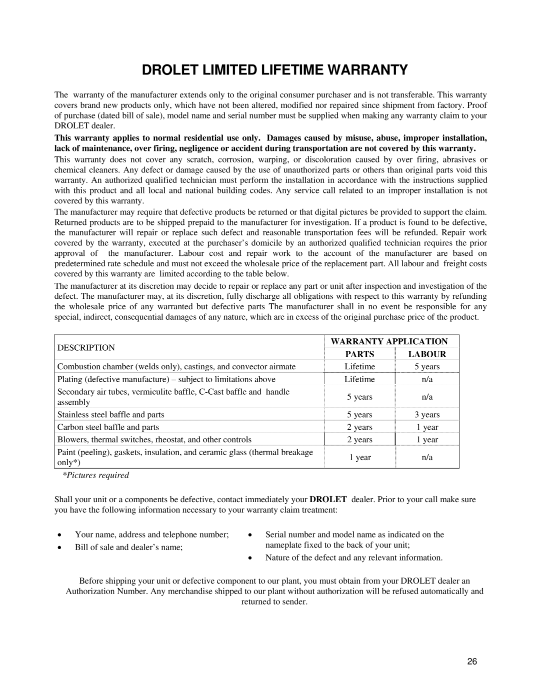 Drolet 58991 owner manual Drolet Limited Lifetime Warranty 