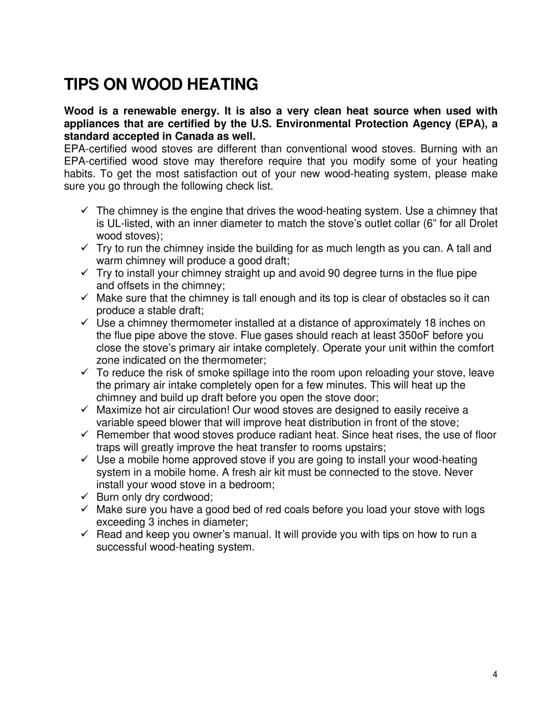 Drolet 58991 owner manual Tips on Wood Heating 