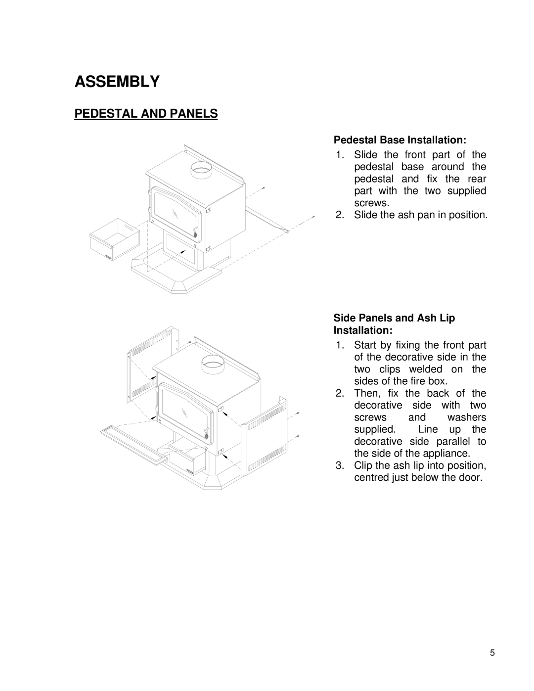 Drolet 58991 owner manual Assembly, Pedestal and Panels 