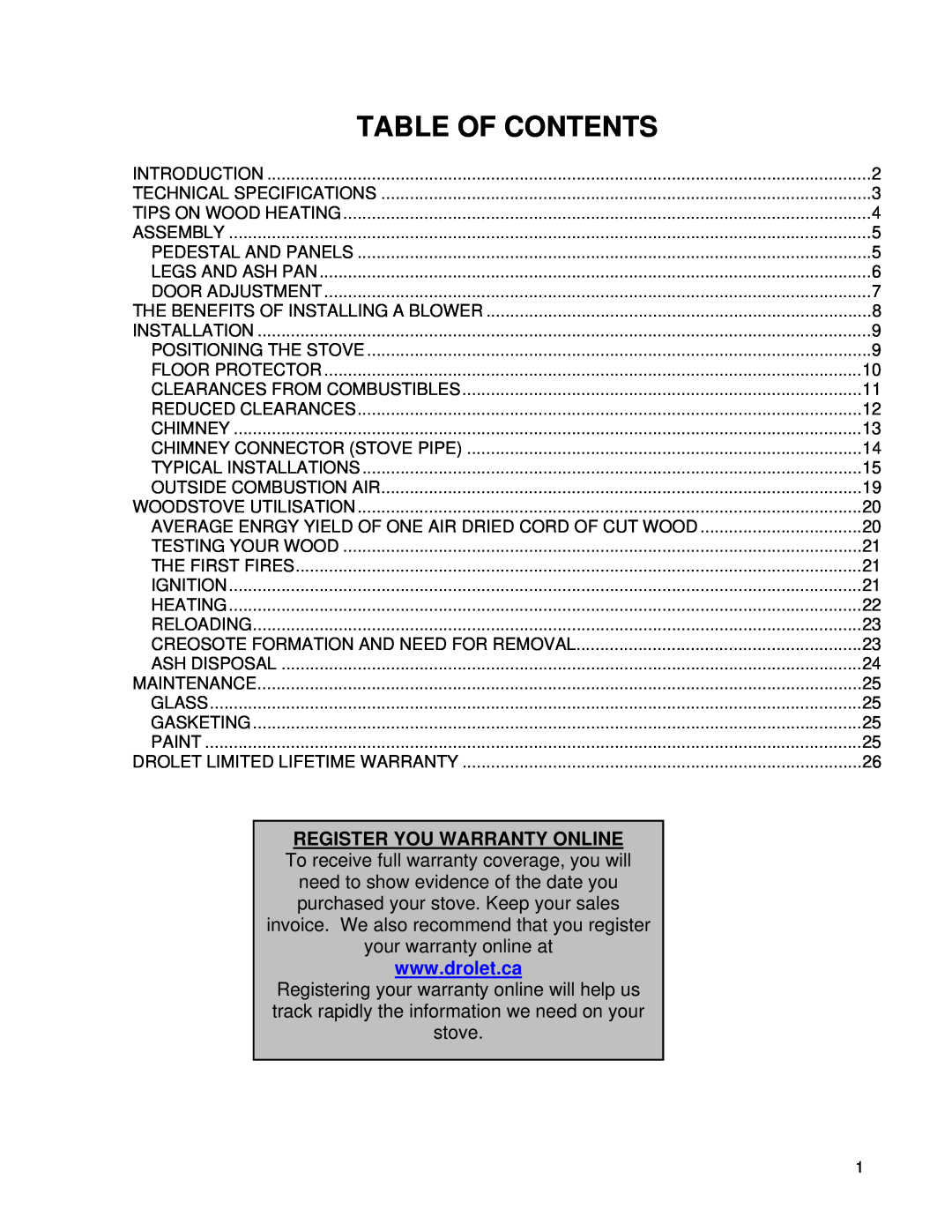 Drolet 58991 owner manual Table Of Contents 