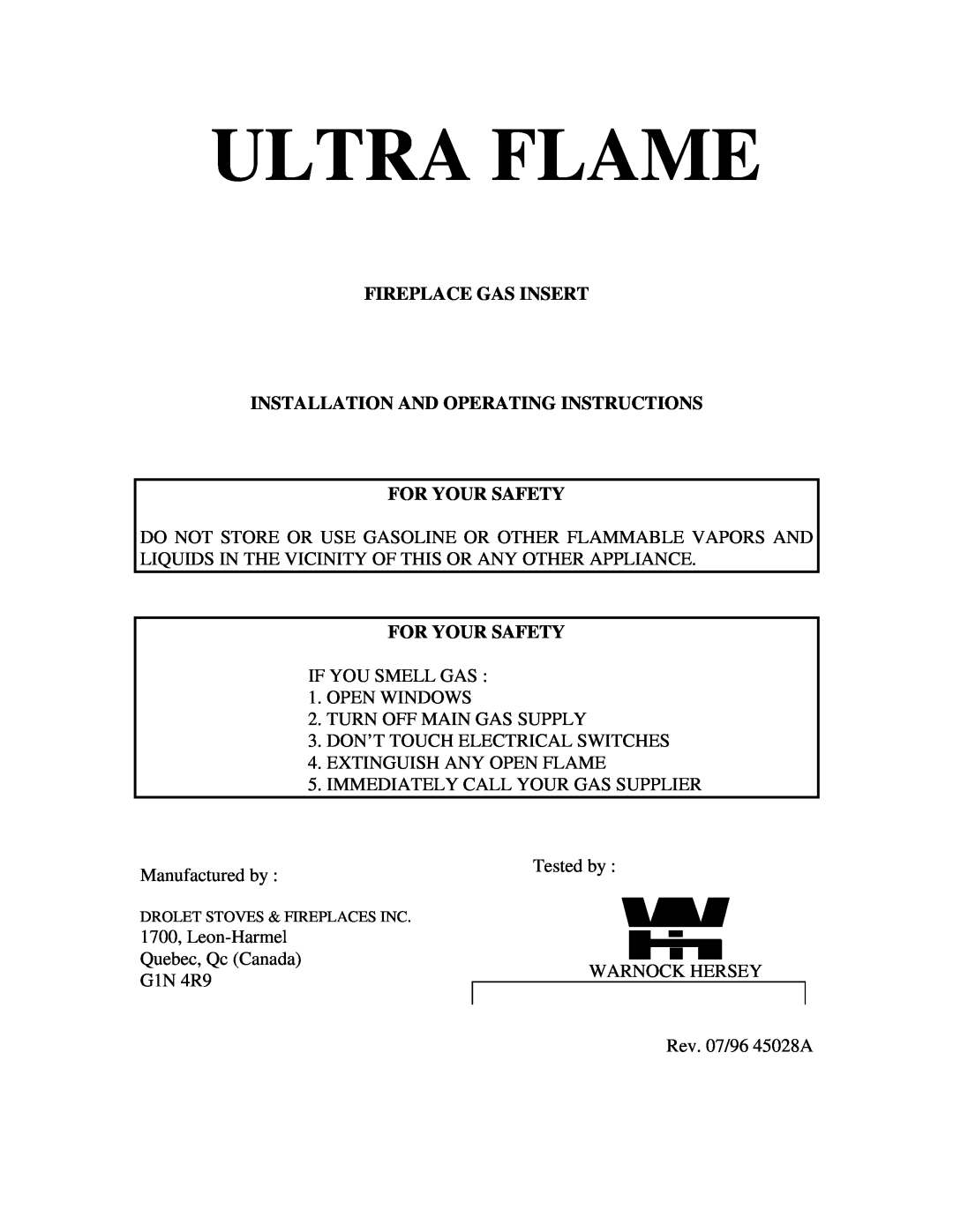 Drolet 36C03U TYPE 139 manual Fireplace Gas Insert, Installation And Operating Instructions, For Your Safety, Ultra Flame 