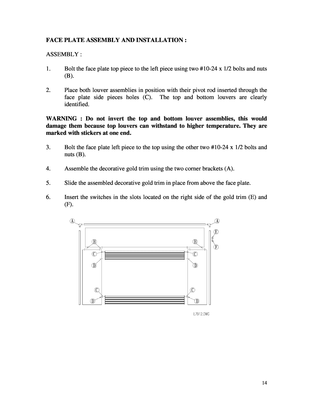 Drolet 36C03U TYPE 139, 7000 MVRLC manual Face Plate Assembly And Installation 