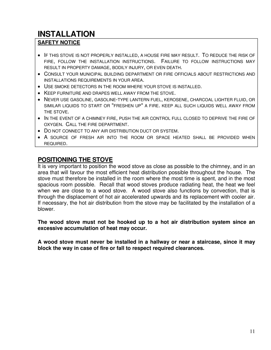 Drolet 75281 owner manual Installation, Positioning the Stove 