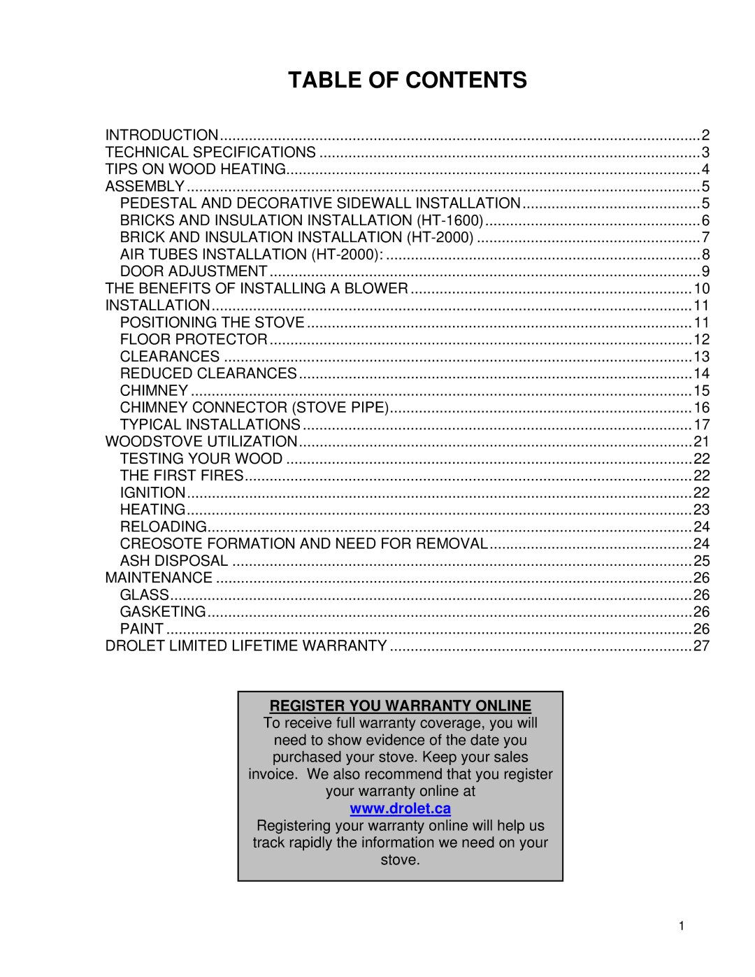 Drolet 75281 owner manual Table of Contents 