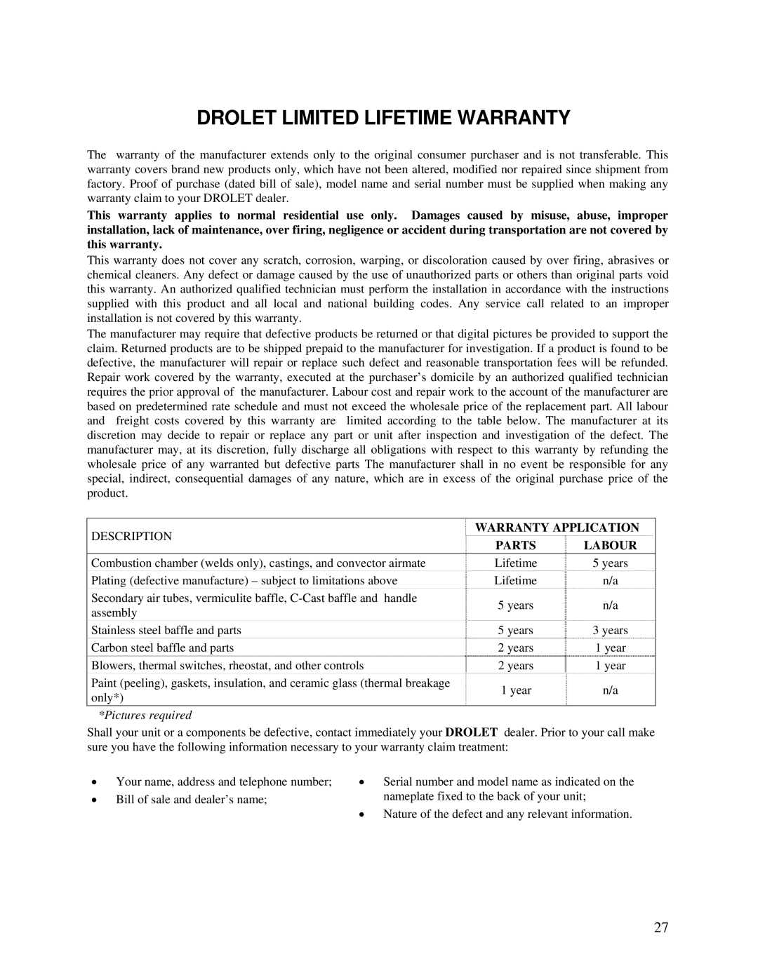 Drolet 75281 owner manual Drolet Limited Lifetime Warranty 