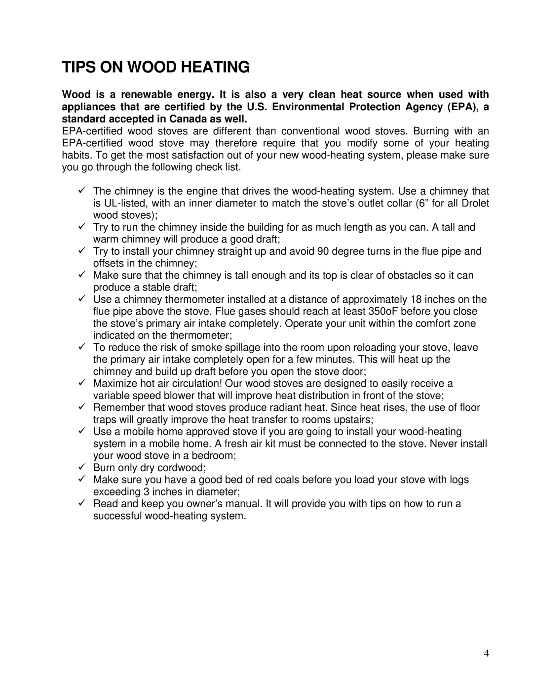 Drolet 75281 owner manual Tips on Wood Heating 