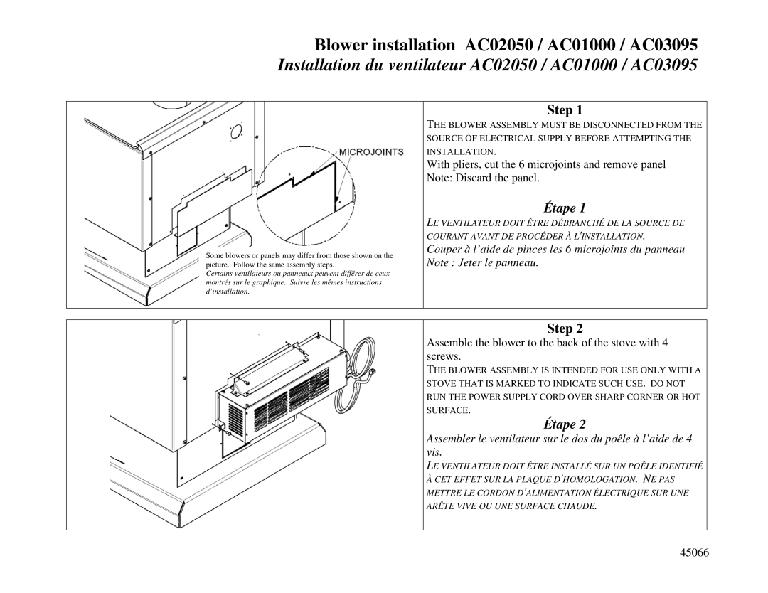 Drolet A C03095 manual Step, Étape, Assemble the blower to the back of the stove with 4 screws, 45066 