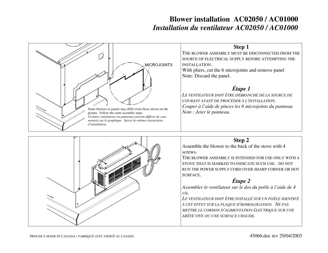 Drolet AC01000, AC02050 manual Step, Étape, Assemble the blower to the back of the stove with 4 screws, Doc rev 29/04/2003 