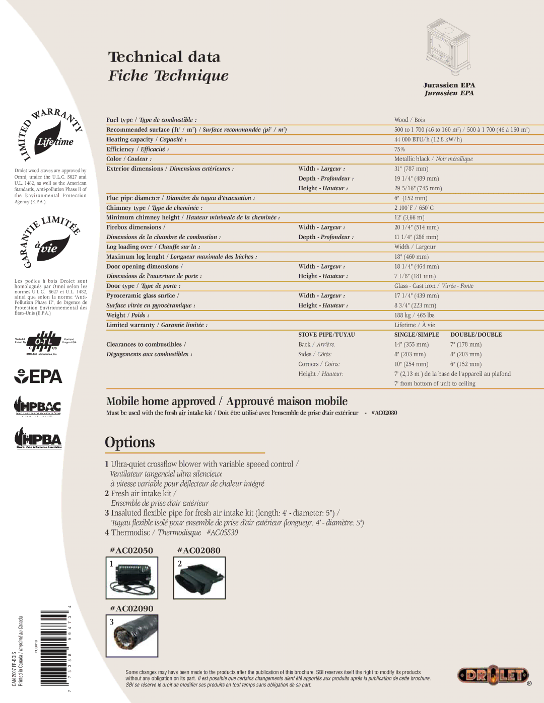 Drolet AC02080 manual Fuel type / Type de combustible, Color / Couleur, Depth Profondeur, Chimney type / Type de cheminée 