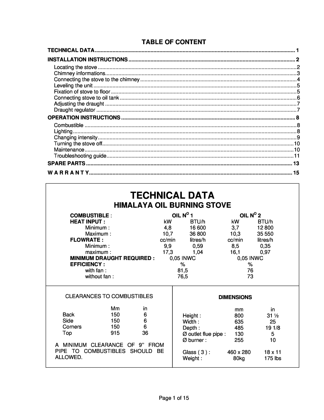 Drolet ALASKA 2000 manual Technical Data, Himalaya Oil Burning Stove, Table Of Content 
