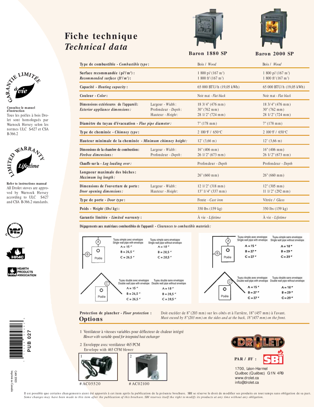 Drolet Baron 2000 SP, Baron 1880 SP Recommended surface ft 2/m, Capacité Heating capacity, Exterior appliance dimensions 