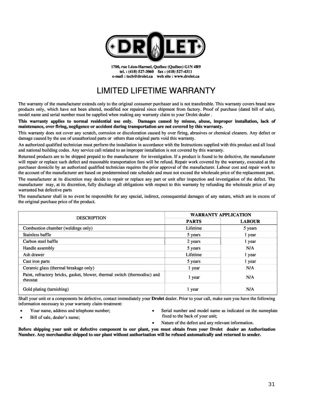 Drolet CS1200 manual Limited Lifetime Warranty, Warranty Application, Parts, Labour 