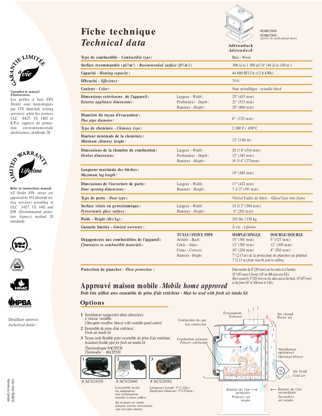 Drolet DB02900, DB02800 manual Adirondack, Capacité Heating capacity, Exterior appliance dimensions, Flue pipe diameter 