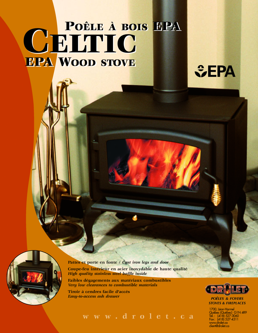 Drolet DB03010 manual Celtic, Poêle À Bois Epa, Epa Wood Stove, w w w . d r o l e t . c a, Tiroir à cendres facile d’accès 