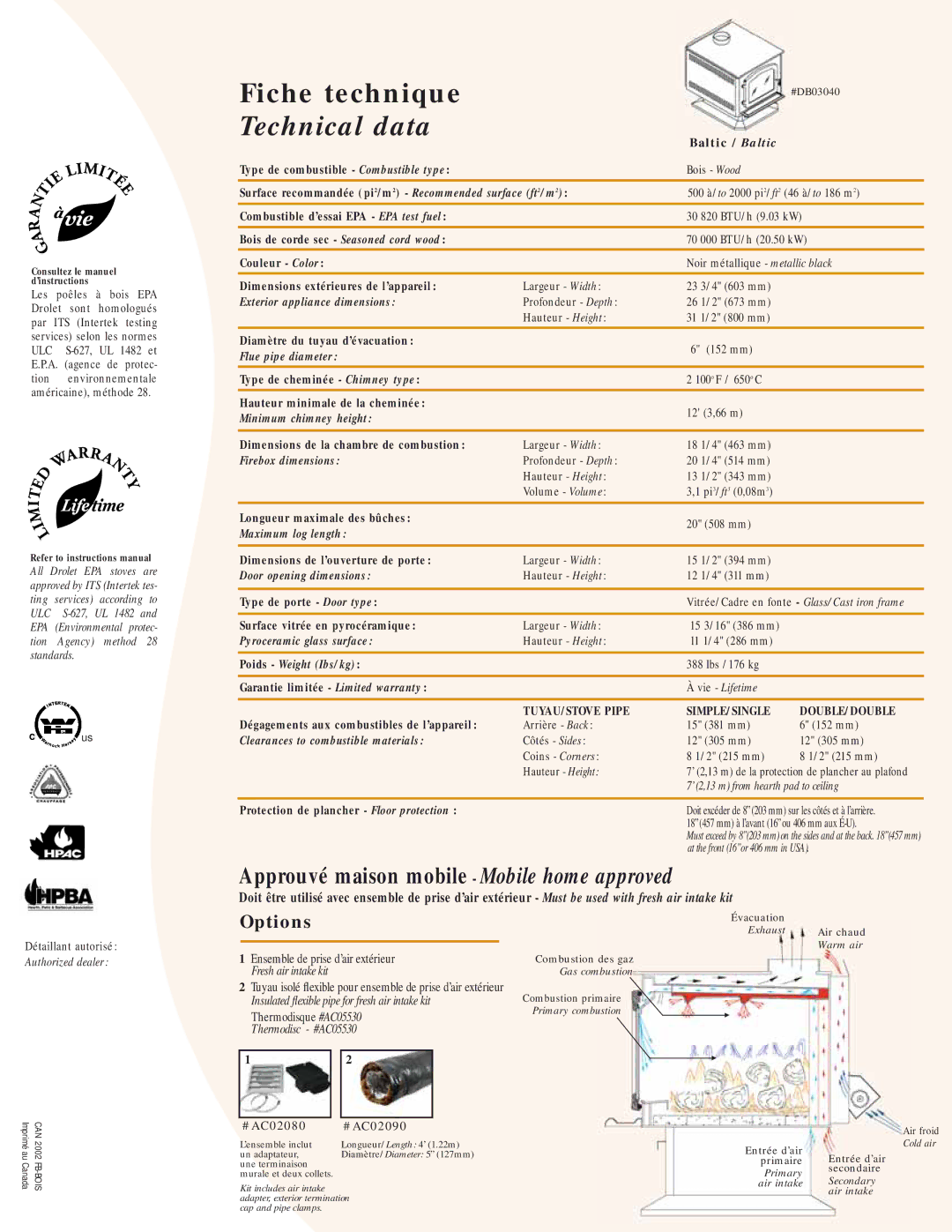 Drolet DB03040 manual Exterior appliance dimensions, Flue pipe diameter, Minimum chimney height, Firebox dimensions 