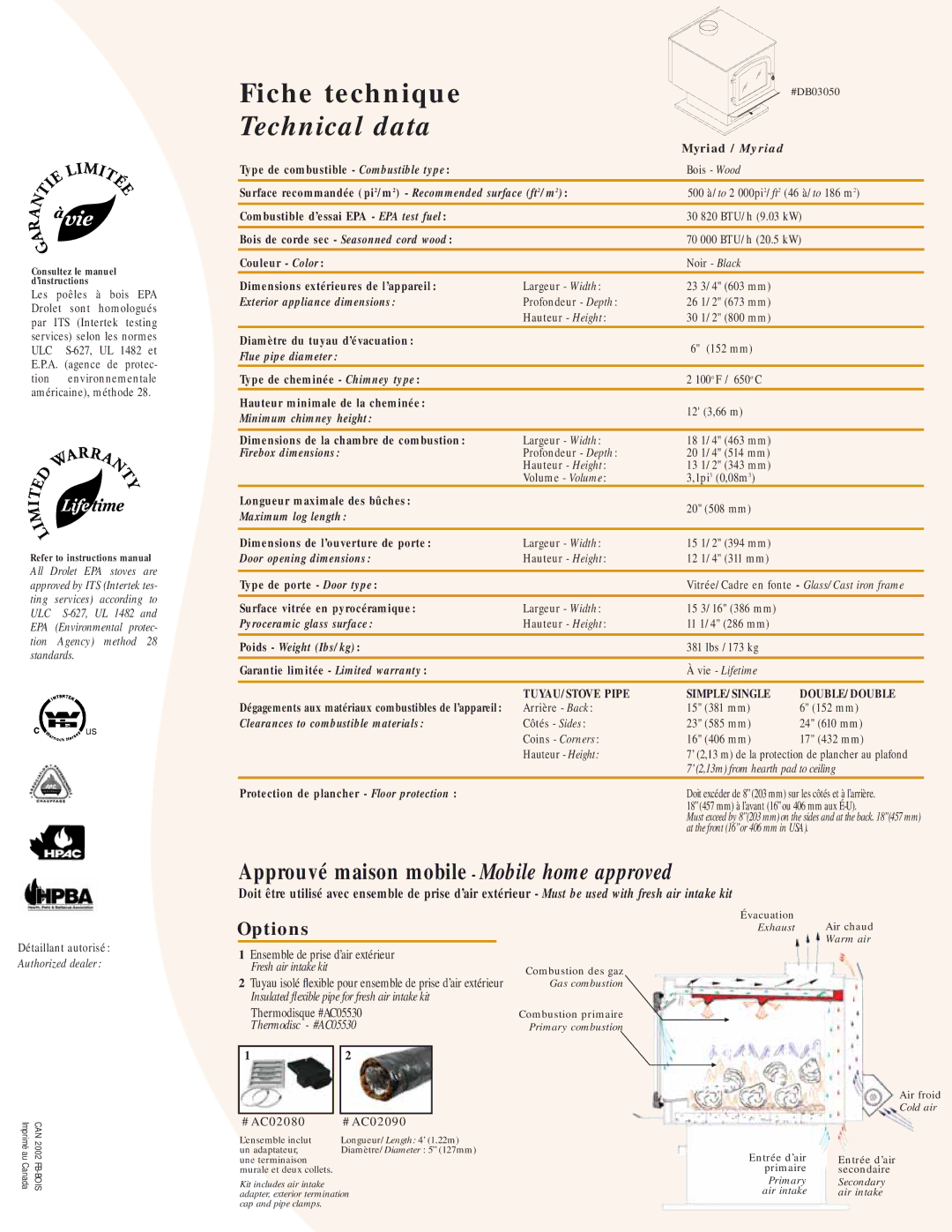 Drolet DB03050 manual Exterior appliance dimensions, Flue pipe diameter, Minimum chimney height, Firebox dimensions 