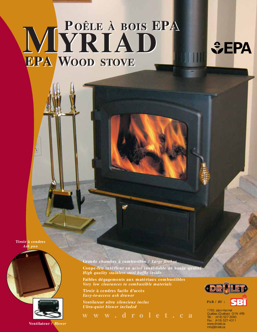 Drolet DB03050 manual Myriad, Poêle À Bois Epa, Epa Wood Stove, w w w . d r o l e t . c a, Tiroir à cendres facile d’accès 