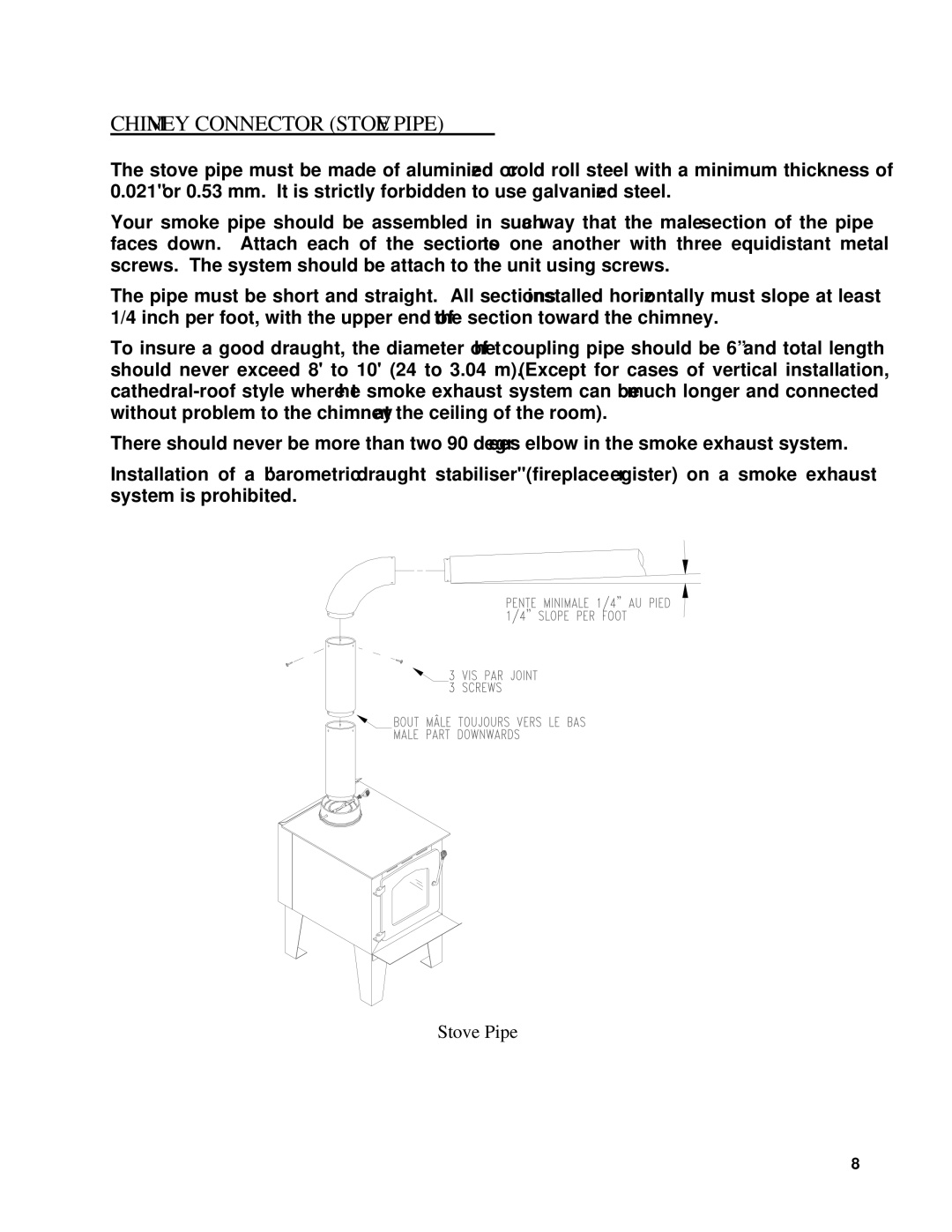 Drolet DB03060 manual Chimney Connector Stove Pipe 