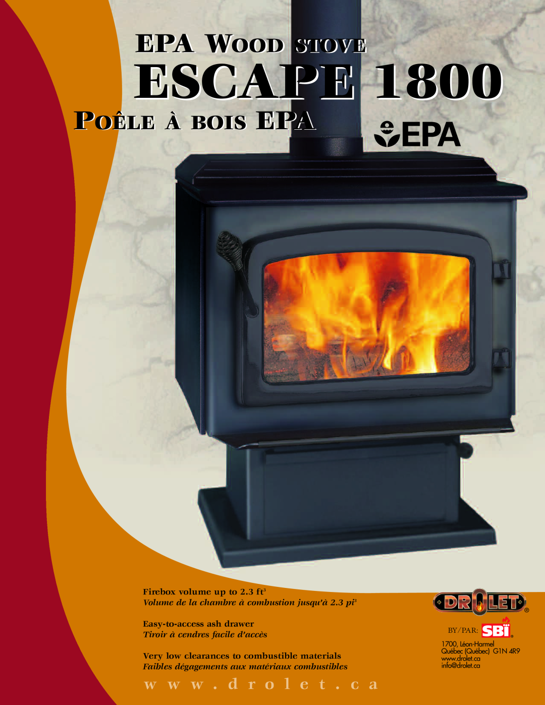 Drolet DB03100 manual Escape, Epa Wood Stove, Poêle À Bois Epa, w w w . d r o l e t . c a, Firebox volume up to 2.3 ft3 