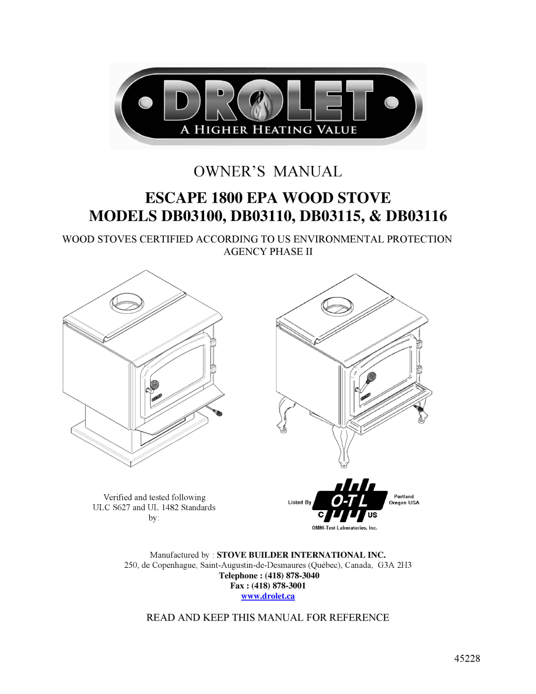 Drolet owner manual Escape 1800 EPA Wood Stove, Models DB03100, DB03110, DB03115, & DB03116 