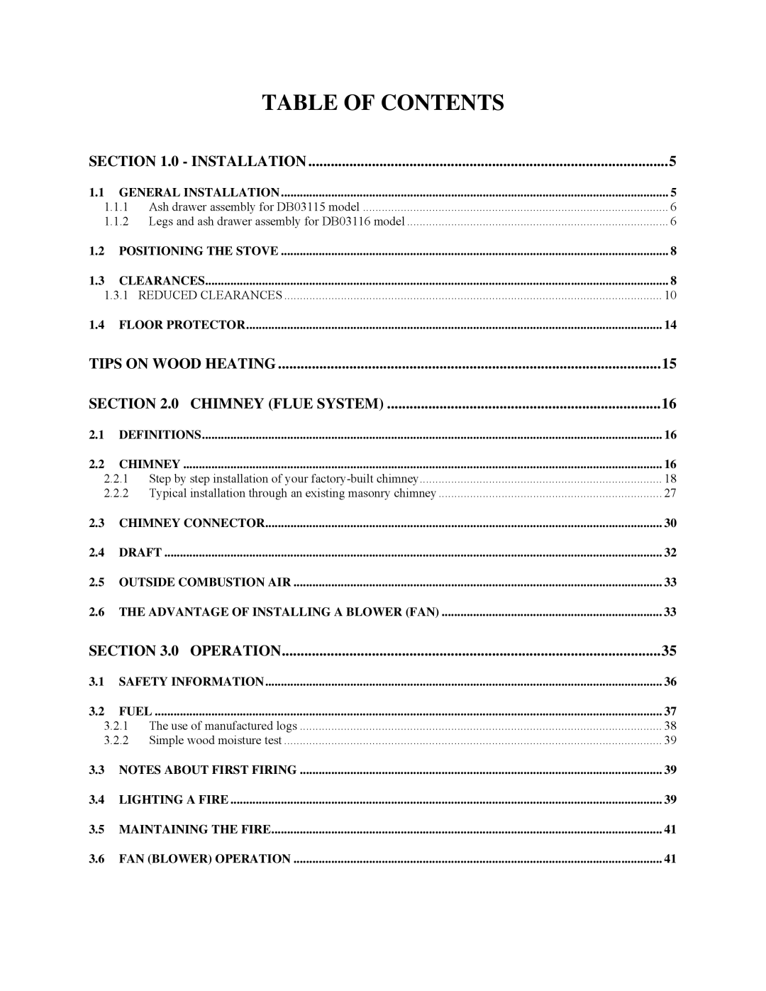 Drolet DB03110, DB03115, DB03116 owner manual Table of Contents 