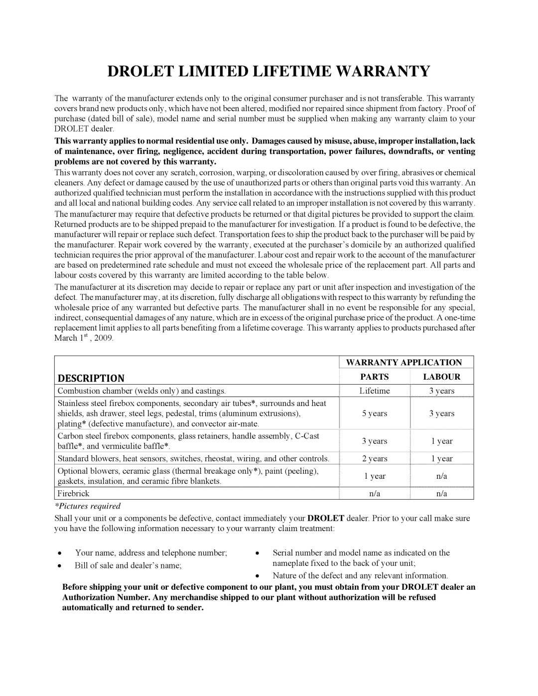 Drolet DB03110, DB03115, DB03116 owner manual Drolet Limited Lifetime Warranty, Description 