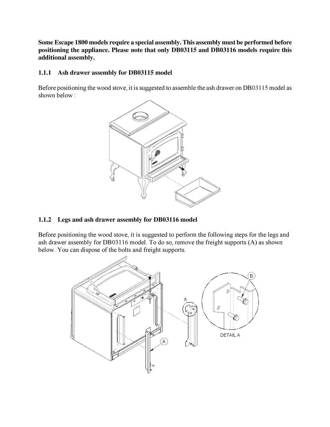 Drolet DB03110, DB03115 owner manual Legs and ash drawer assembly for DB03116 model 