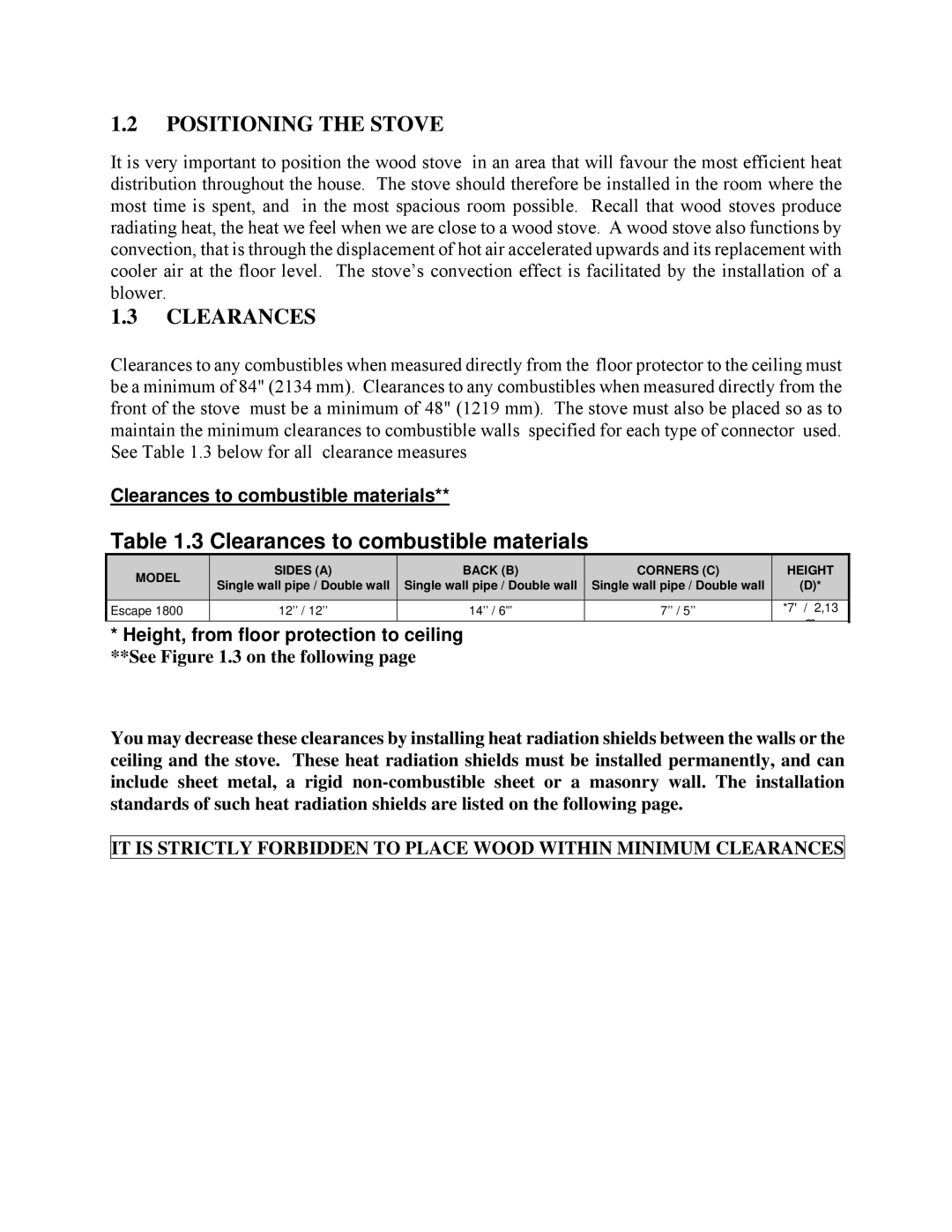 Drolet DB03116, DB03110, DB03115 owner manual Positioning the Stove, Clearances, See .3 on the following 