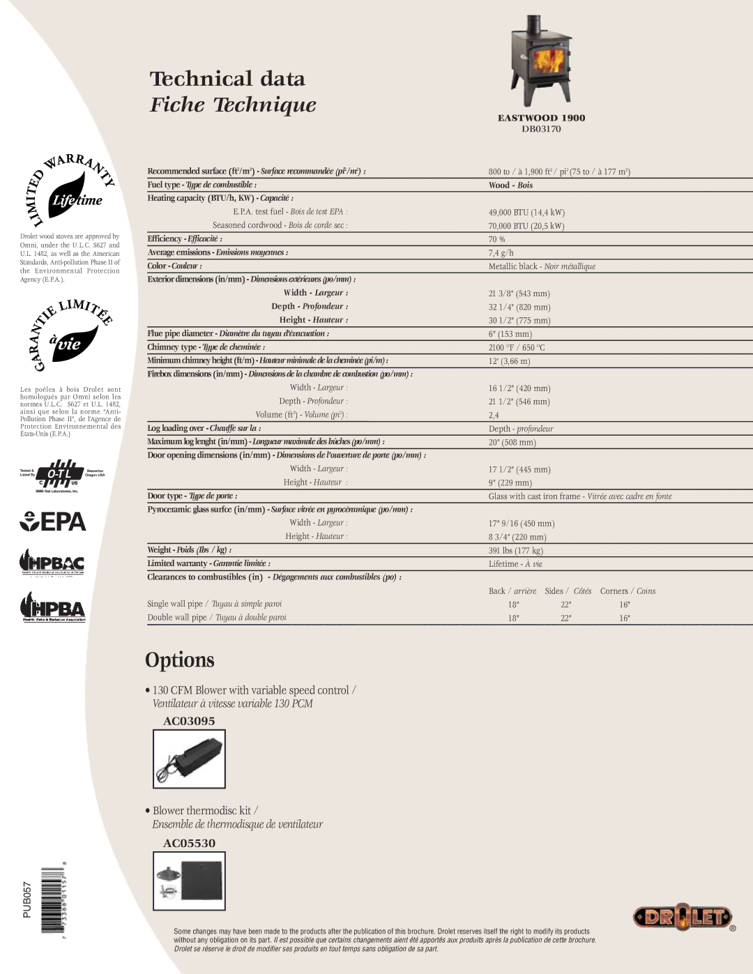 Drolet DB03170 manual Options 