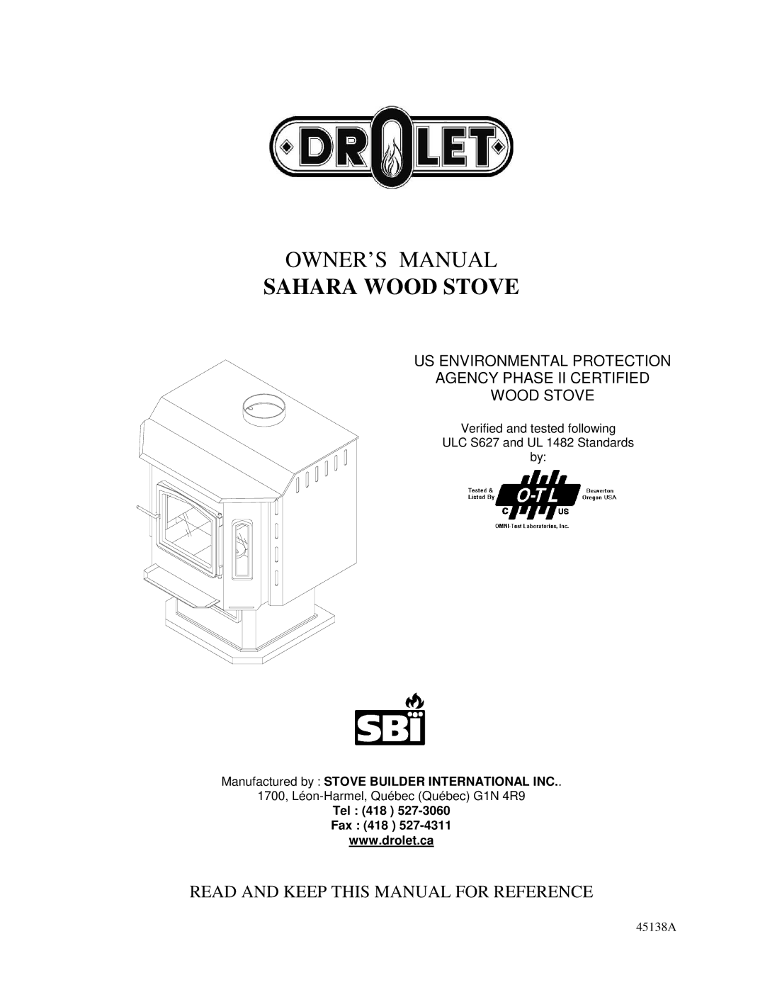 Drolet DB03505 owner manual Sahara Wood Stove, Read and Keep this Manual for Reference 