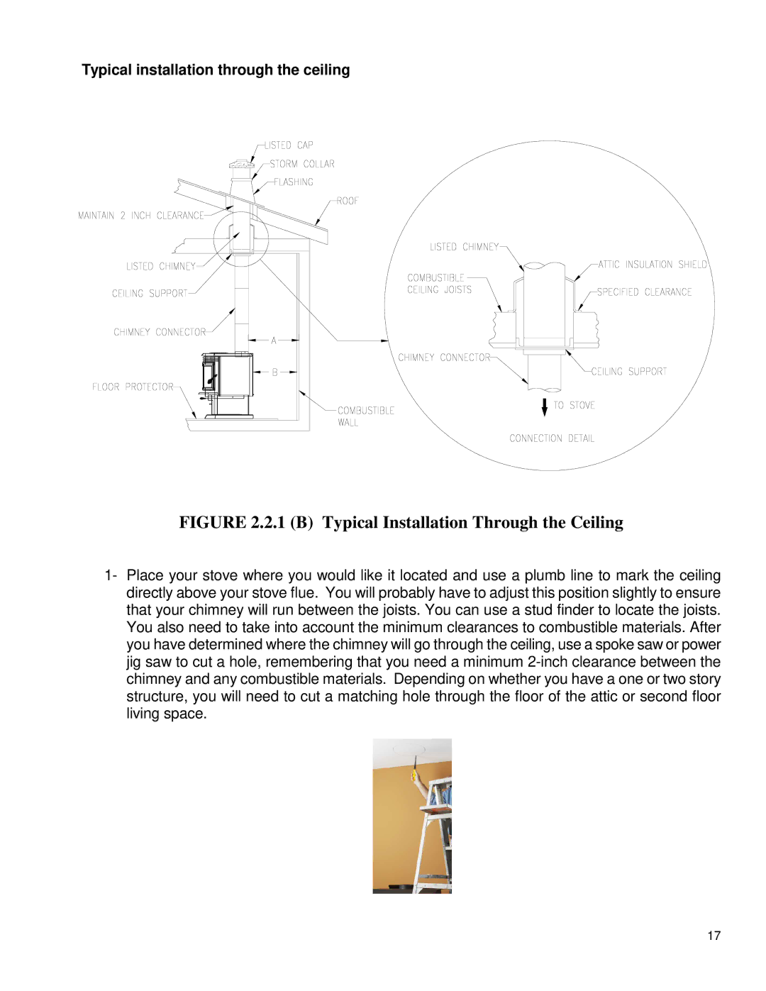 Drolet DB03505 owner manual B Typical Installation Through the Ceiling, Typical installation through the ceiling 