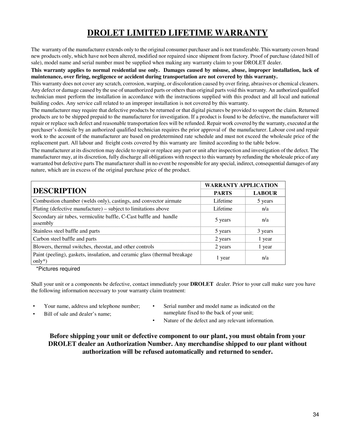 Drolet DB03505 owner manual Drolet Limited Lifetime Warranty, Description 