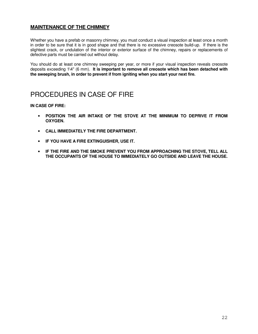 Drolet DB05130 manual Procedures in Case of Fire, Maintenance of the Chimney 