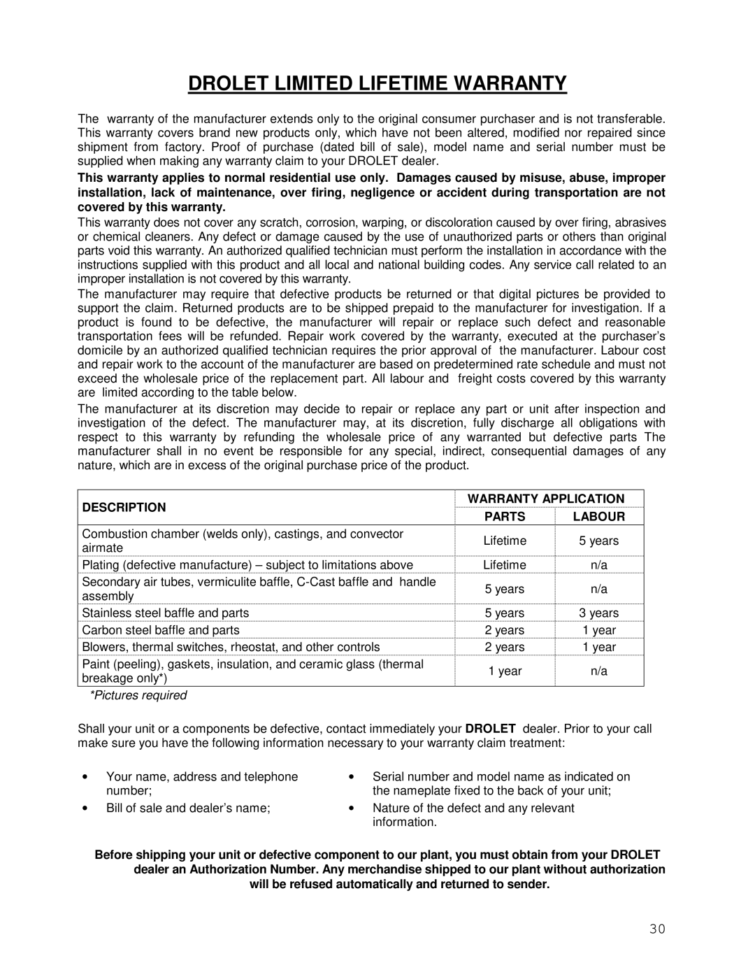 Drolet DB05130 manual Drolet Limited Lifetime Warranty 